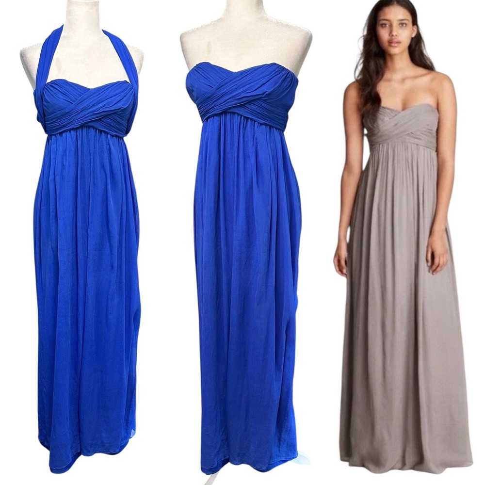 J. Crew 100% Silk Chiffon Strapless Dress Arabelle Royal Blue Maxi Formal Sz 2 P